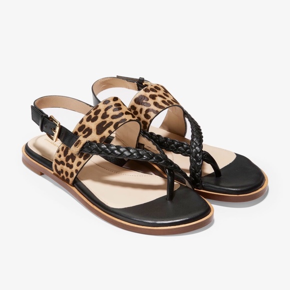 Cole Haan Anica Leather Black Leopard Slingback Thong Flat Sandals Shoes 6.5 - Picture 2 of 10